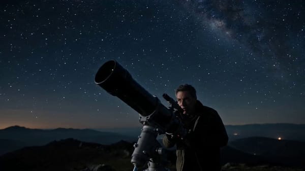 A hyper-realistic cinematic sci-fi suspense scene at a remote mountain observatory beneath a cr…
