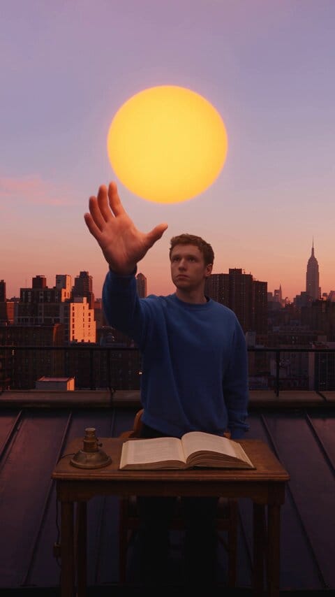 A young man steals the actual sun from the sky to power his reading lamp. Photorealistic surrea…