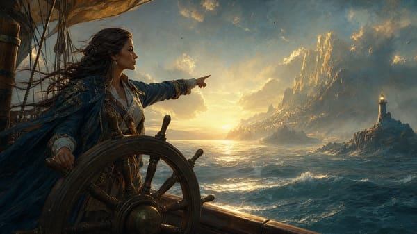 Many years later, the granddaughter now grown into a wise serene navigator standing at the helm of… prompt example