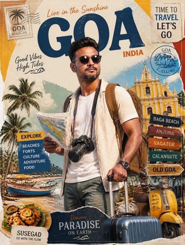 Create a stylized travel poster for GOA.The main subject [image1]should be a stylish internatio…