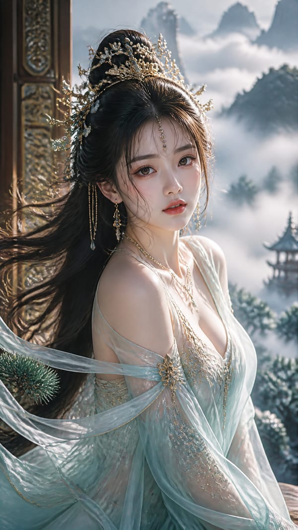 8K超高清，极致写实真人质感，电影级光影，一位绝代风华的古风东方女子，身姿窈窕优雅，五官精致绝伦，眉眼温婉又自带清冷氛围感，发丝轻盈随风肆意飘动，根根分明富有层次；头戴重工奢华古风头饰，鎏金…
