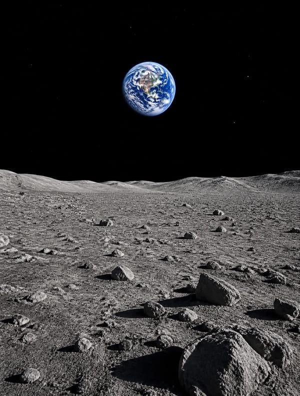A photorealistic view from the surface of the Moon looking at Earth. The foreground is the barr…