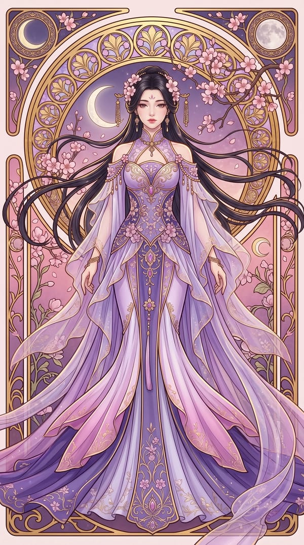9:16 vertical format; an exquisitely ornate Art Nouveau-style poster featuring a full-body port…
