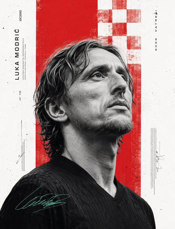 Minimalist Editorial PosterUltra-realistic black-and-white portrait of Luka Modrić, low-angle 45° f… prompt example