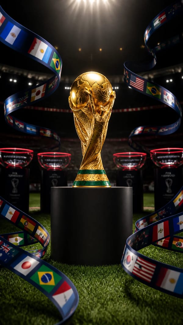 The FIFA World Cup trophy sits centered on a matte black cylindrical pedestal, its polished gol…