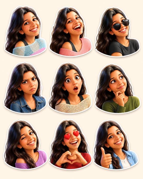 Create a premium Pixar-style 3D character sticker set that is clearly recognizable as the same…