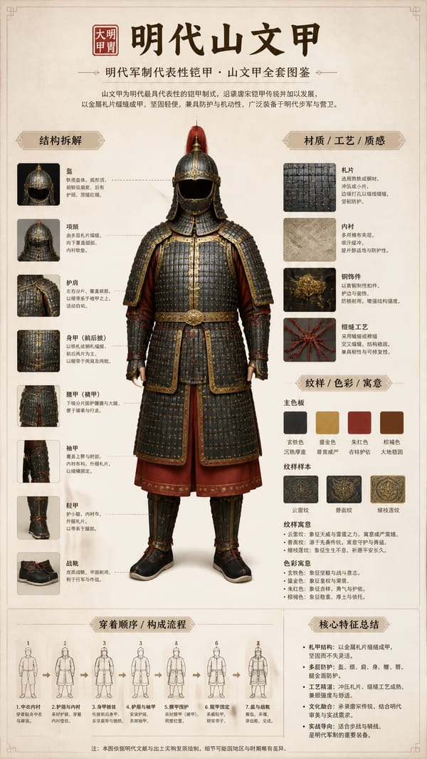 请根据明代甲胄自动生成一张[博物馆图鉴式中文拆解信息图]。 prompt example