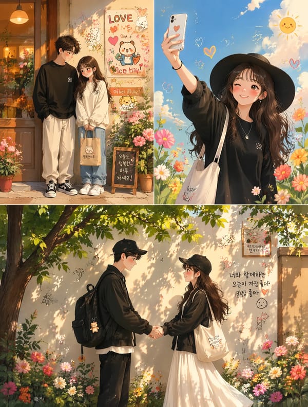 Whimsical Korean-inspired illustration, soft pastel color palette, cozy aesthetic, hand-painted dig… prompt example