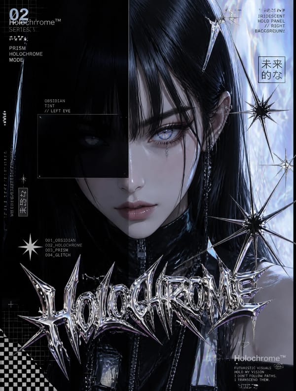 Obsidian & HolographicFuturistic anime girl with sleek jet black hair and holographic rainbow eyes,… prompt example