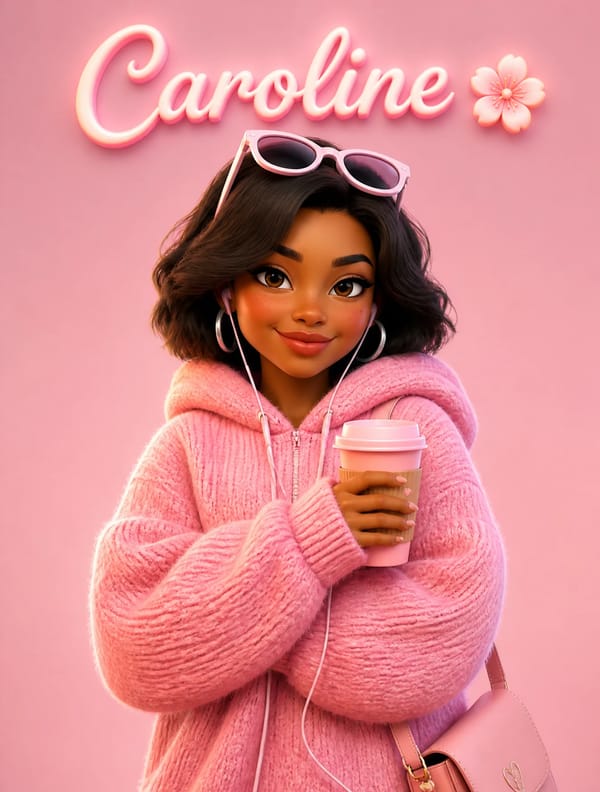 A cute Pixar-style 3D cartoon girl standing against a soft pastel pink background, wearing an o…