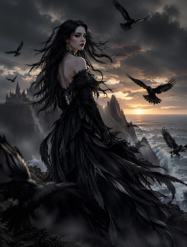 A hauntingly beautiful woman stands on a windswept cliff beneath a stormy twilight sky. Her lon…