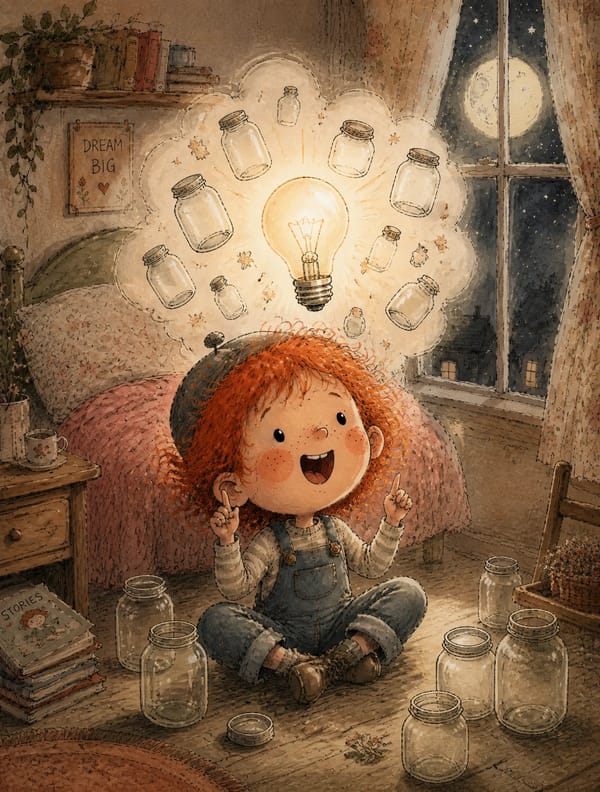 A young boy with wild red hair, freckles, rosy round cheeks, wearing denim overalls and a small cap… prompt example