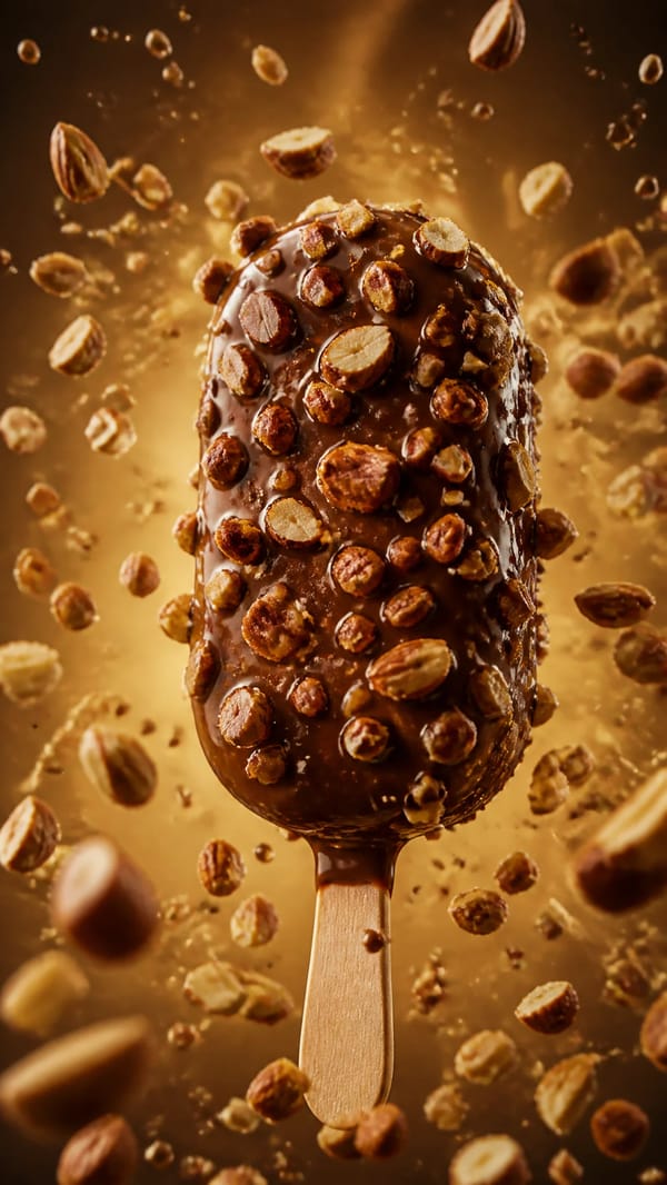 freshly chocolate-coated ice cream bar surrounded by hundreds of roasted almond A pieces flying in… prompt example