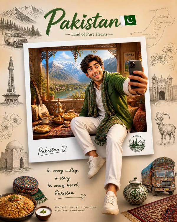 Create a premium collectible travel poster, Theme: Pakistan The man from the attached country-style… prompt example
