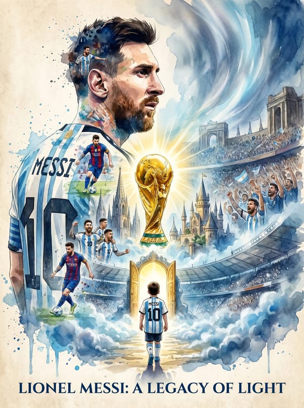 Epic cinematic watercolor poster of Lionel Messi, giant side-profile portrait dominating the le…