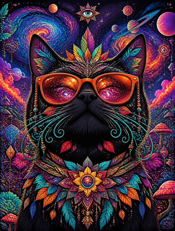 Ultra-detailed psychedelic vector illustration of a majestic black cat viewed from a dramatic l…