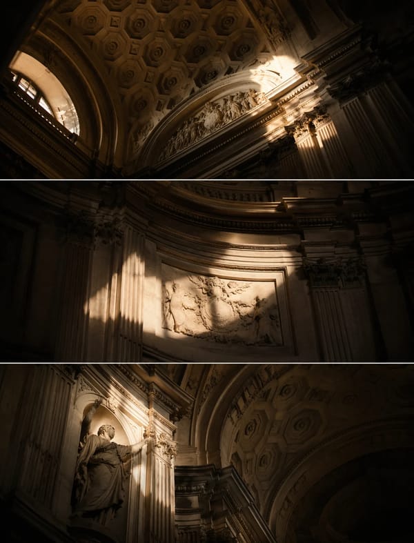 A stunning interior architectural photograph looking up at the curved walls and vaulted ceilings of… prompt example
