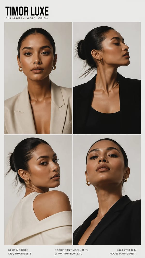 Create a premium high-fashion editorial series featuring a stylish Timorese female model with s…