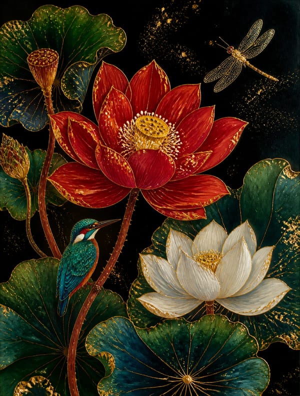 日本琳派风格结合中国宫廷工笔，黑底重彩花鸟画，【背景】纯黑色背景，如漆器底色，深邃无边，【主体荷花】画面中央一朵盛开荷花，花瓣颜色：朱砂红，有天鹅绒般的肌理质感，每片花瓣有细腻纵向脉络，花蕊…