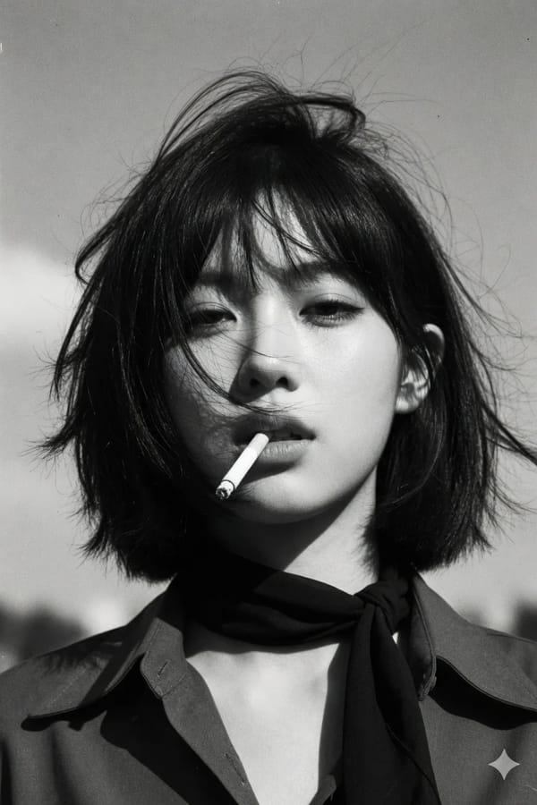 Create a 1970s black-and-white close-up portrait in a windswept outdoor setting, black and whit…
