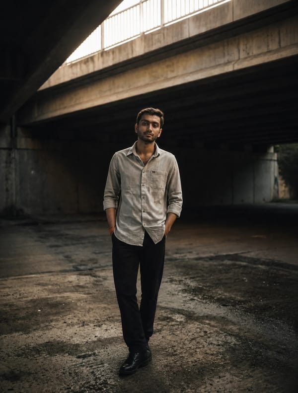 A moody, urban portrait of me standing under a desolate concrete overpass, the harsh architectural… prompt example