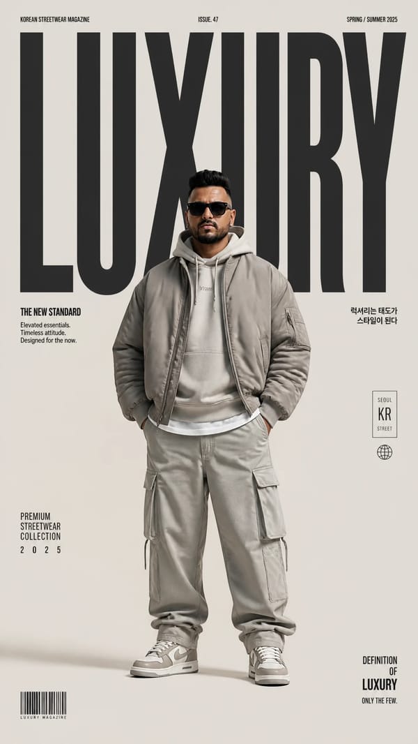 Create a premium high-fashion editorial poster for "LUXURY " in a luxury Korean streetwear magazine… prompt example