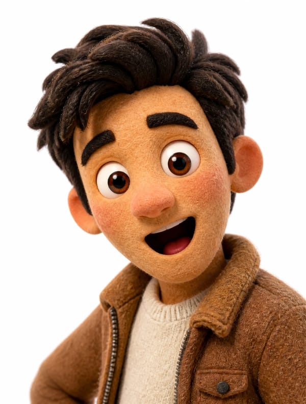 Transform the uploaded image into a stylized 3D realistic claymation character. Soft felt / fuz…