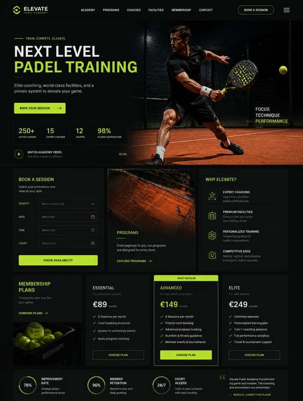A high-fidelity landing page UI design for a premium padel training academy, characterized by a…