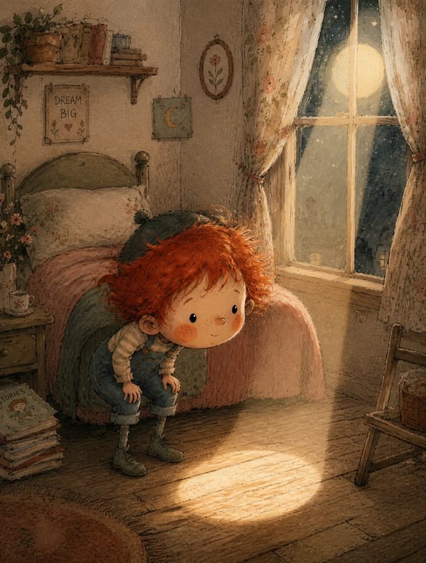 A young boy with wild red hair, freckles, rosy round cheeks, wearing denim overalls and a small cap… prompt example