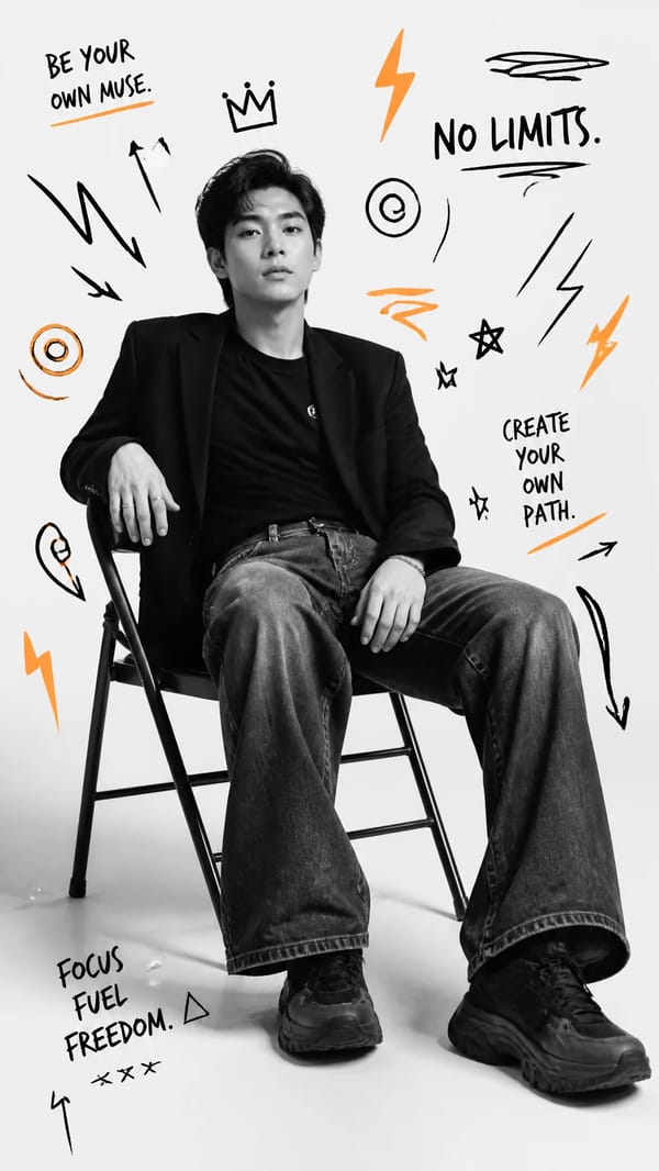 Ultra-realistic BW studio portrait, 8K. Subject sitting on a folding chair, wearing black blaze…