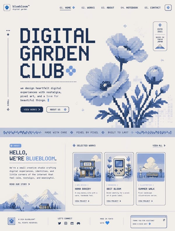 Design a premium creative website inspired by retro pixel-art aesthetics, vintage internet culture,… prompt example