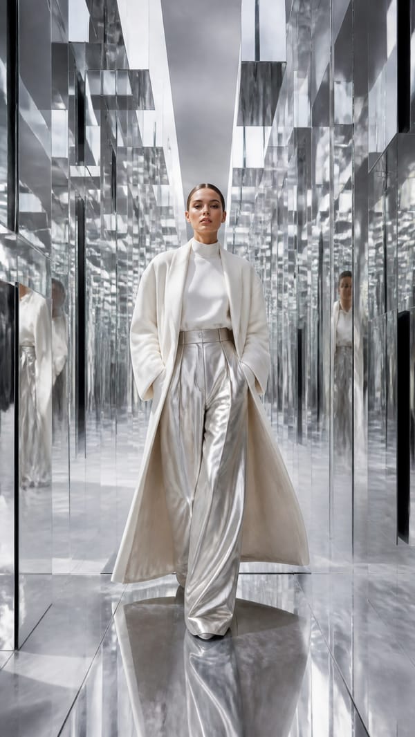 Ultra-luxury fashion editorial campaign, vertical 9:16 composition, a confident model walking t…