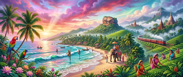 斯里兰卡主题高端旅游主视觉插画，主题“Lanka 巡友冀”，21:9超宽横版构图，梦幻热带岛屿风格，融合现代数字插画与复古热带海报美学。整体色调采用高饱和粉紫、玫红、蓝绿色、橙金色渐变，天空…
