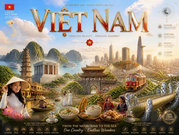 Ultra-premium cinematic 3D travel poster for VIỆT NAM, bright luxury aesthetic, soft sunlight,…
