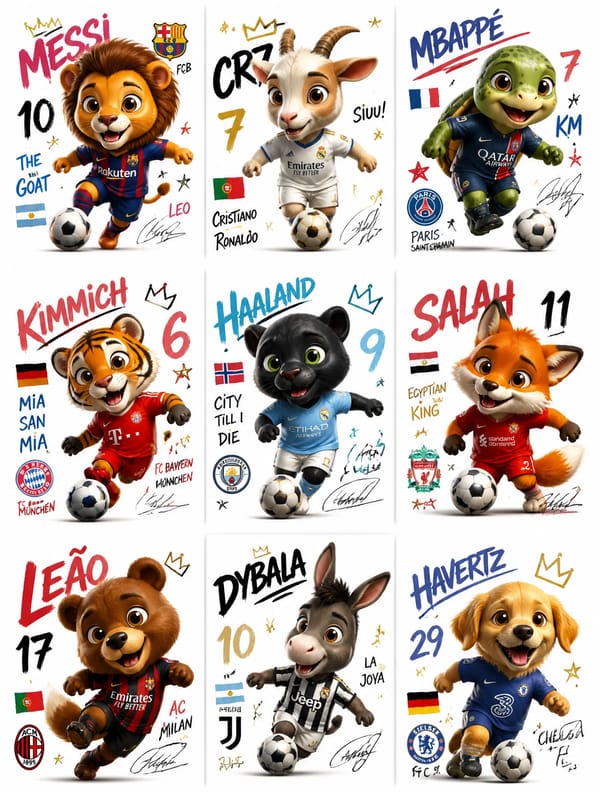 Create a collection of 9 square poster illustrations featurin animals football players in a cute ch… prompt example