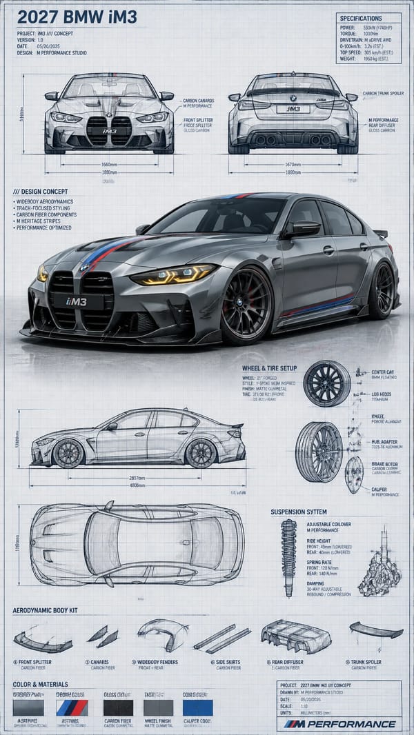 Highly detailed technical blueprint sketch and realistic 3D–render fusion of a custom modified car… prompt example