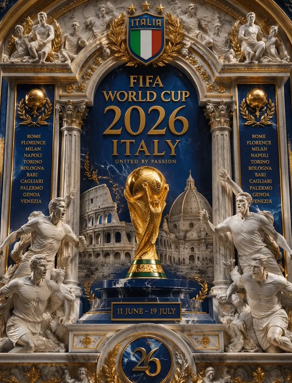 Ultra-detailed 3D baroque poster, Italy World Cup 2026, FIFA trophy centered in marble-gold fra…