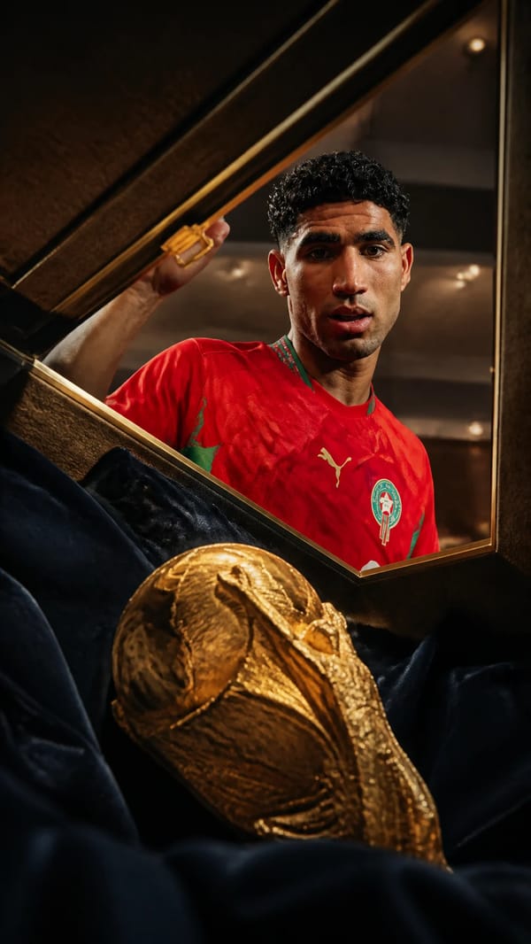 PLAYER=Achraf Hakimi Ultra-realistic sports photography, documentary realism, premium commercial ca… prompt example