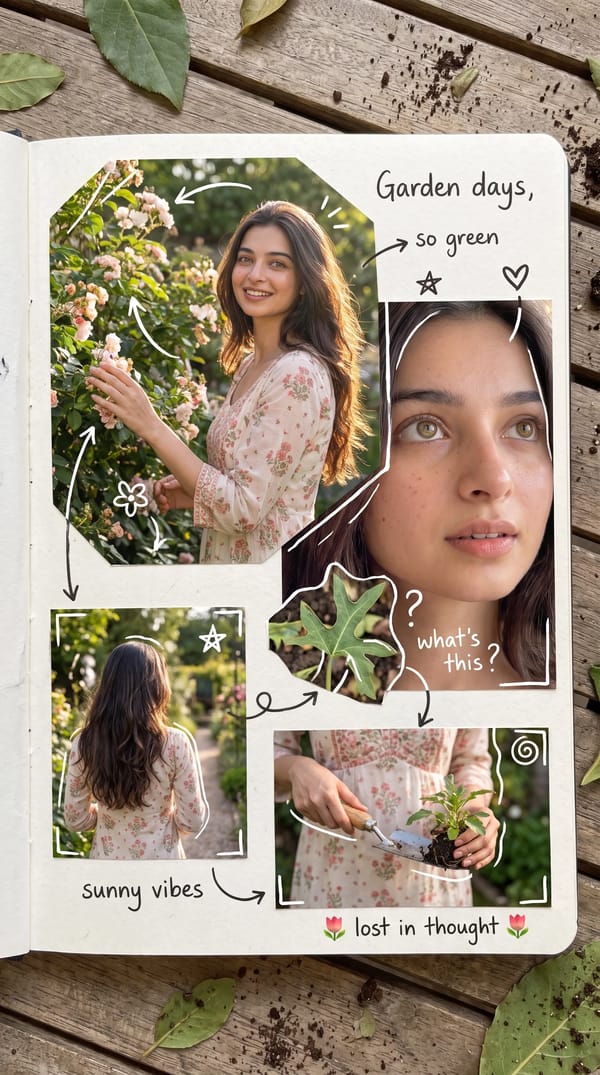 Create a real-life photo album collage around the garden, and break the theme into multiple fragmen… prompt example
