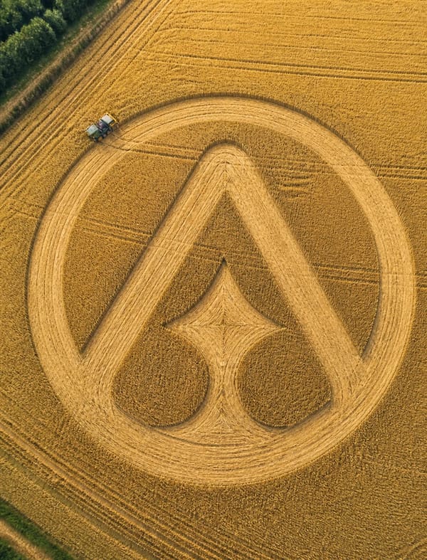 Aerial drone photo of a yellow wheat field, a tractor actively flattening crops to form the exact s… prompt example