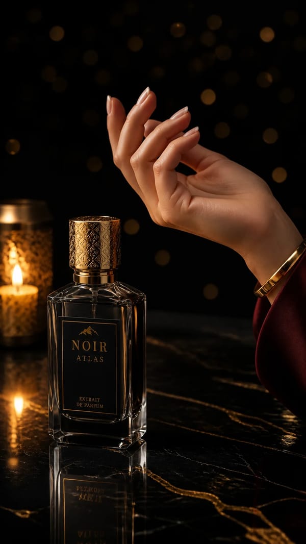 Ultra luxury perfume bottle "Noir Atlas" on black marble surface, prompt example