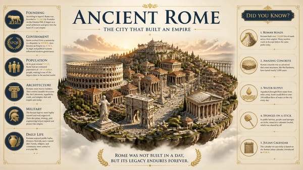 PROMPT:A premium editorial infographic poster in 16:9 horizontal format about Ancient Rome, designe… prompt example
