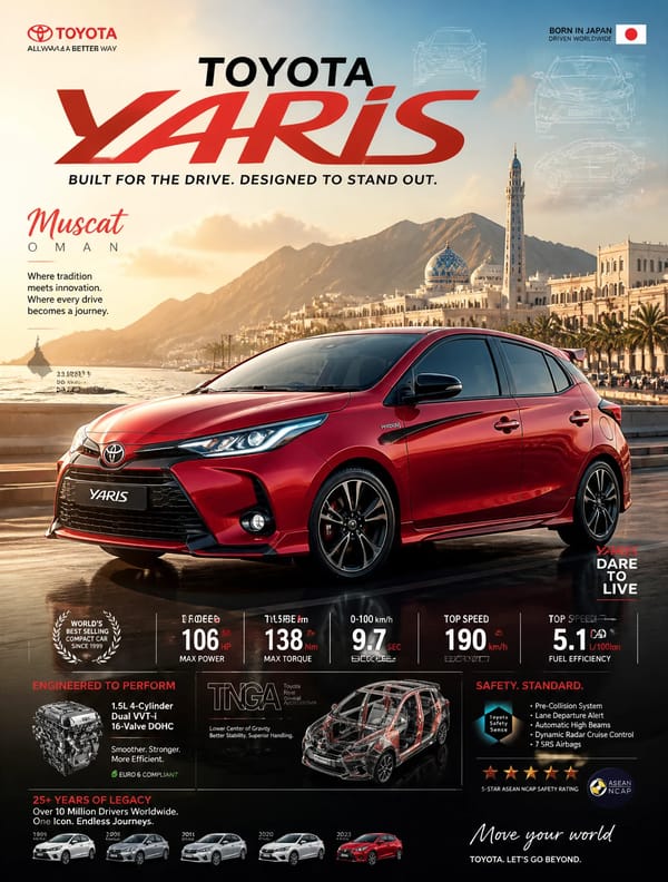 Create an epic premium automotive poster of Toyota Yaris with the scenery of Oman, Muscat. prom…