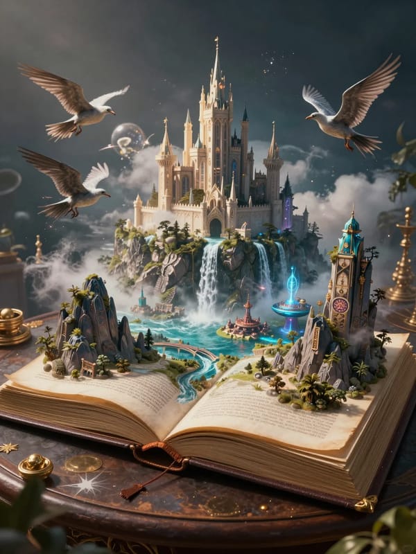 Book of WorldsAn ancient giant book opened on a table, each page transforms into a living world…