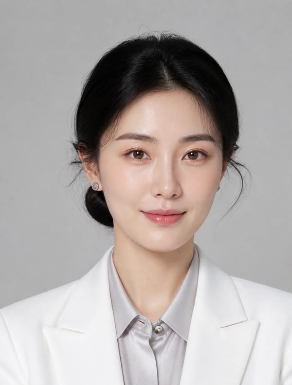 人物肖像照，正面，28岁东亚年轻女生，28岁亚洲女性职业肖像，乌黑低丸子头，佩戴简约白金耳钉（直径8mm）。五官特征：粉雾眉（#5A4A42渐变），杏仁眼带珠光浅棕眼影（Pantone 16…