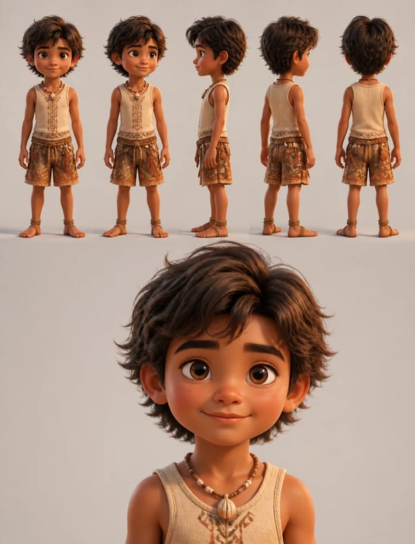 3D animated character reference sheet rendered in cinematic animation movie style — smooth roun…