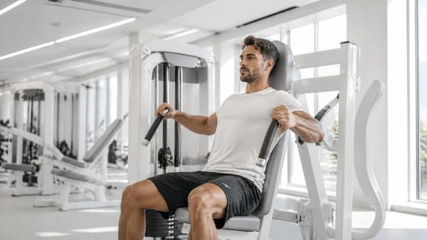 Ultra-realistic athletic man using a premium gym machine, positioned slightly right of center, natu… prompt example