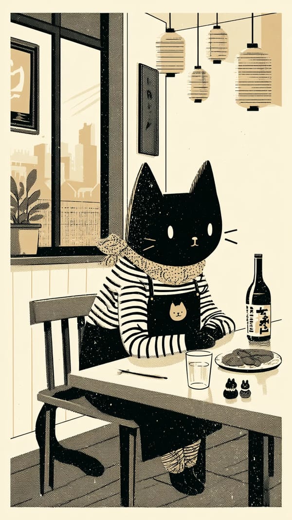 Flat modern risograph-style poster illustration.A cute anthropomorphic black cat wearing a stri…