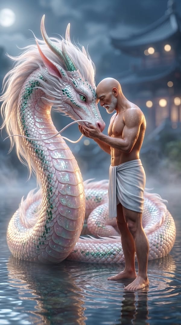 A cinematic medium shot featuring a Elegant Eastern wish dragon. The dragon has intricate, glis…