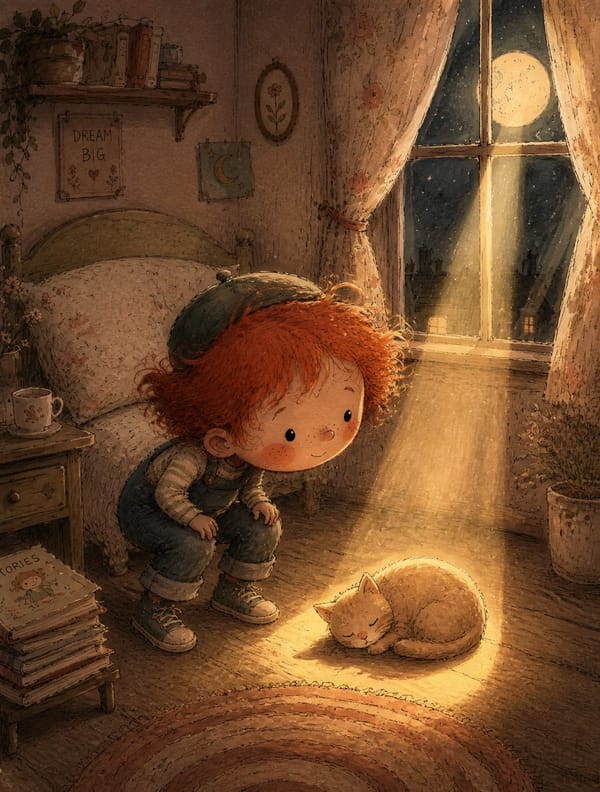 A young boy with wild red hair, freckles, rosy round cheeks, wearing denim overalls and a small cap… prompt example